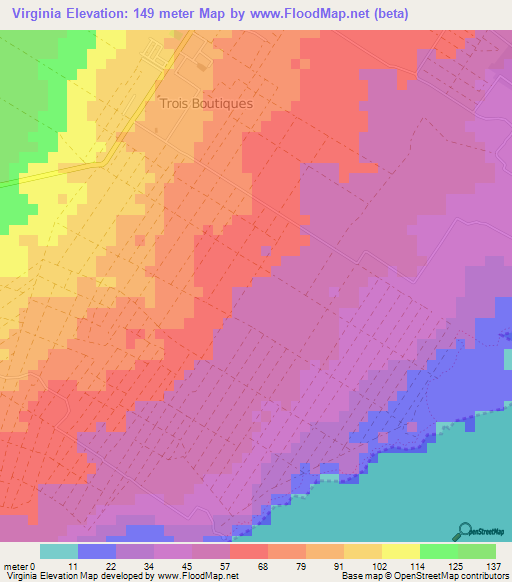 Virginia,Mauritius Elevation Map