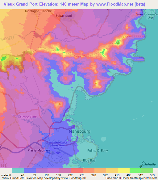Vieux Grand Port,Mauritius Elevation Map