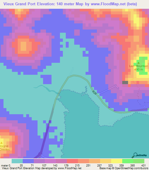 Vieux Grand Port,Mauritius Elevation Map