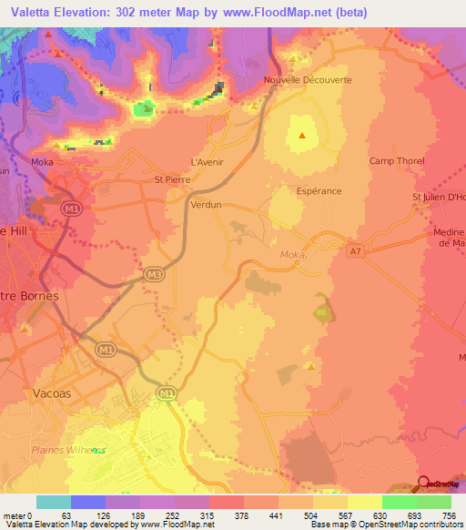 Valetta,Mauritius Elevation Map