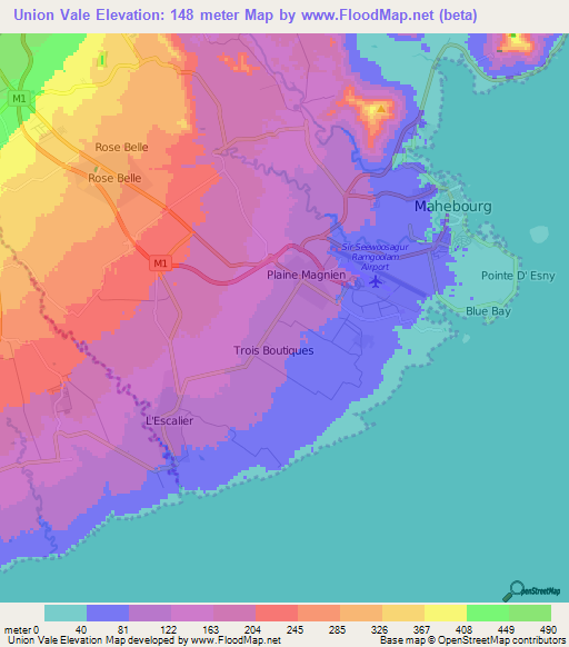 Union Vale,Mauritius Elevation Map