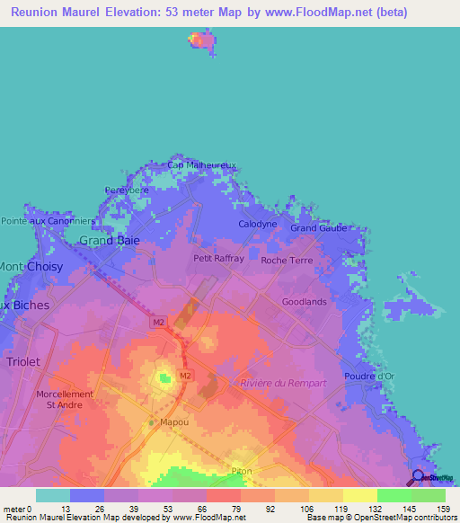 Reunion Maurel,Mauritius Elevation Map