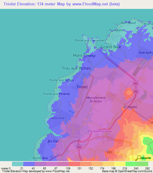 Triolet,Mauritius Elevation Map
