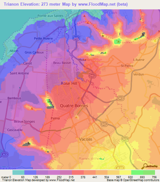 Trianon,Mauritius Elevation Map