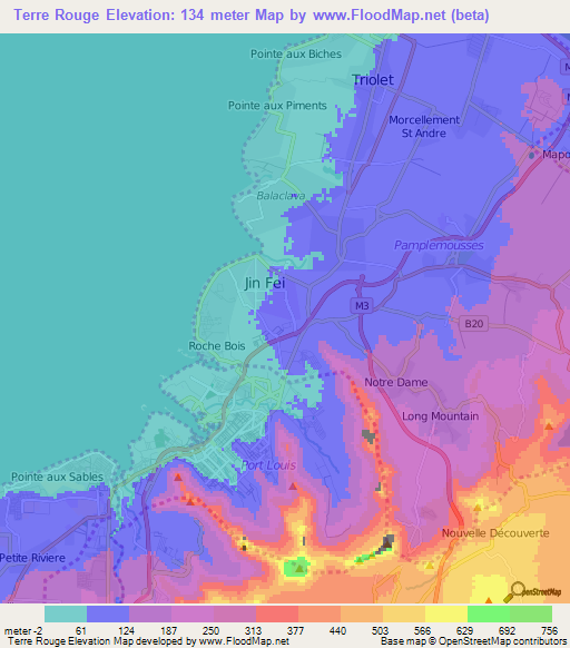 Terre Rouge,Mauritius Elevation Map