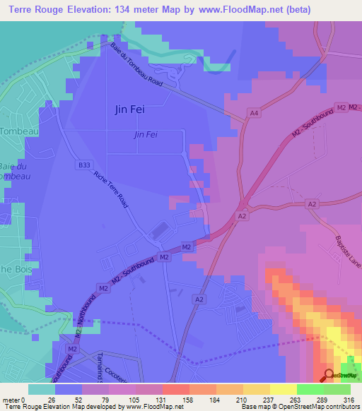 Terre Rouge,Mauritius Elevation Map