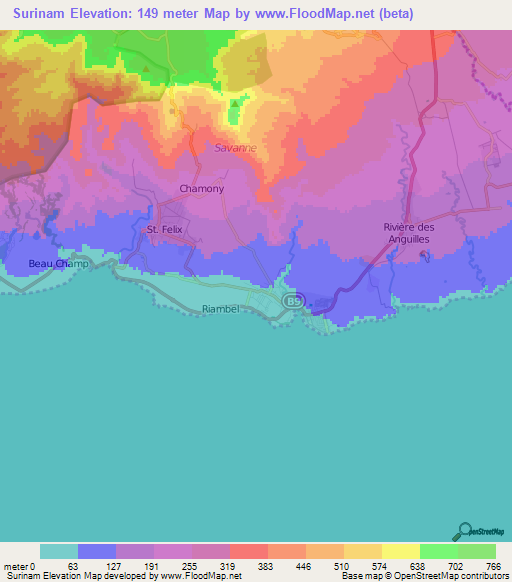 Surinam,Mauritius Elevation Map