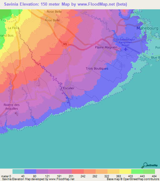 Savinia,Mauritius Elevation Map