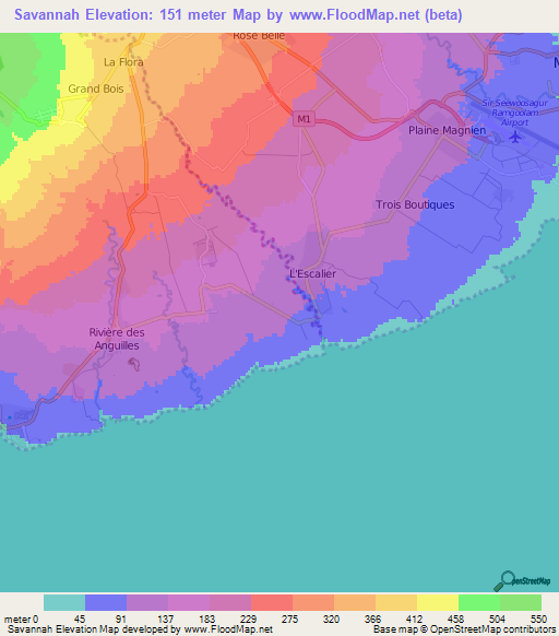 Savannah,Mauritius Elevation Map