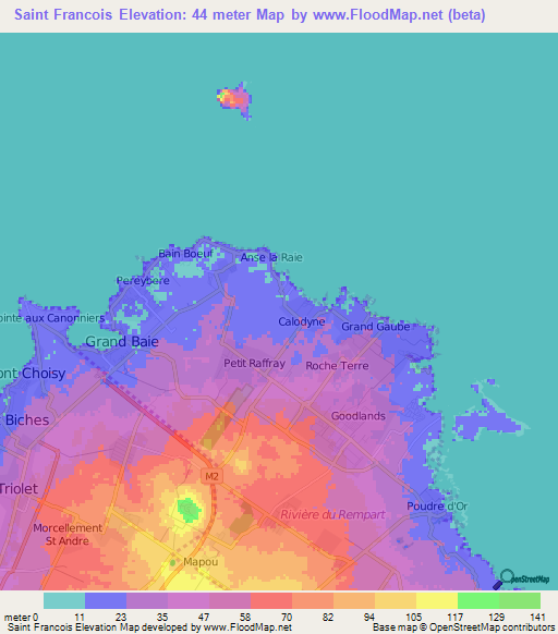 Saint Francois,Mauritius Elevation Map