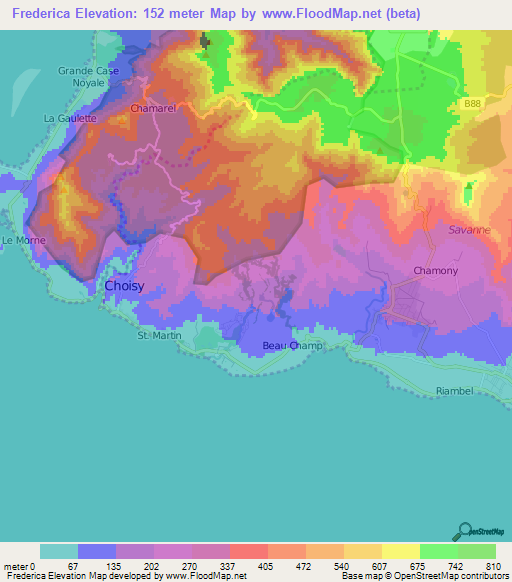 Frederica,Mauritius Elevation Map