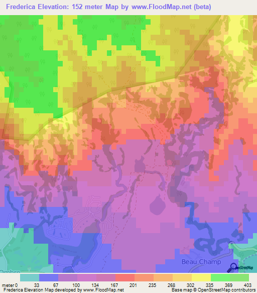 Frederica,Mauritius Elevation Map