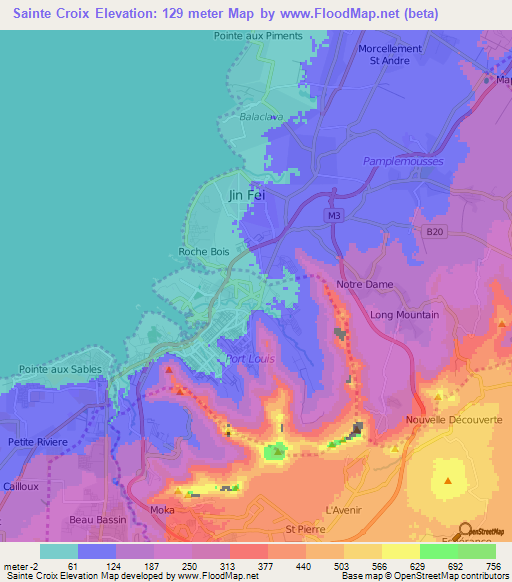 Sainte Croix,Mauritius Elevation Map