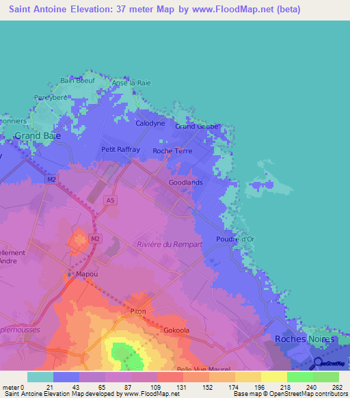 Saint Antoine,Mauritius Elevation Map