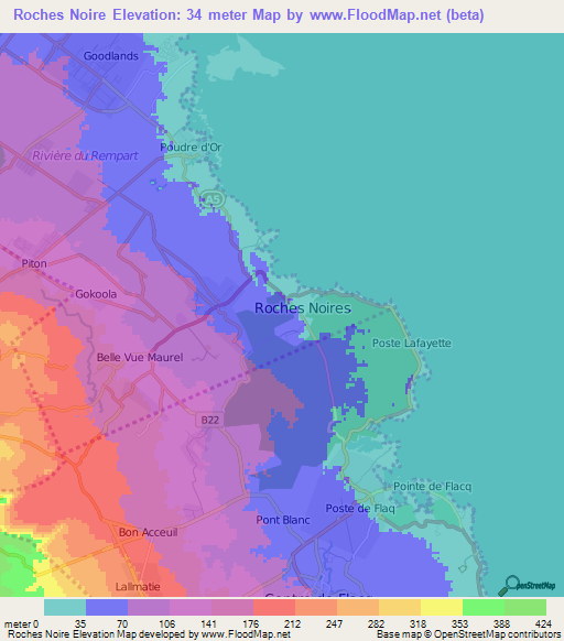 Roches Noire,Mauritius Elevation Map