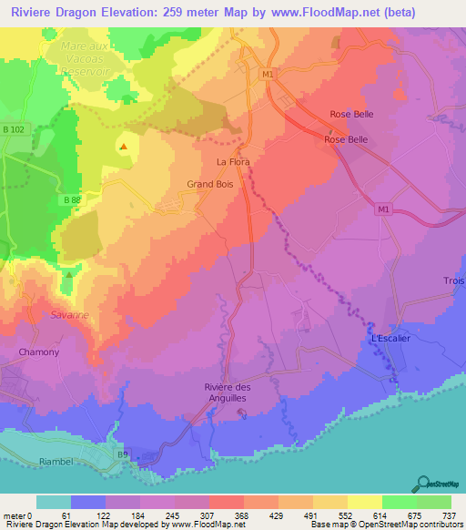 Riviere Dragon,Mauritius Elevation Map