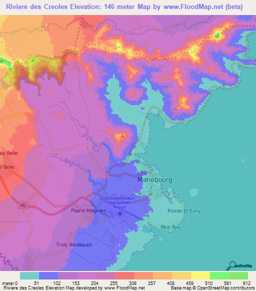 Riviere des Creoles,Mauritius Elevation Map