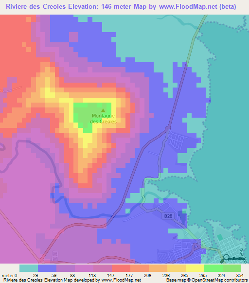 Riviere des Creoles,Mauritius Elevation Map