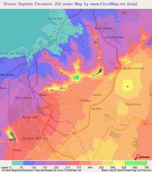 Riviere Baptiste,Mauritius Elevation Map