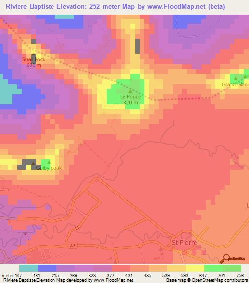 Riviere Baptiste,Mauritius Elevation Map