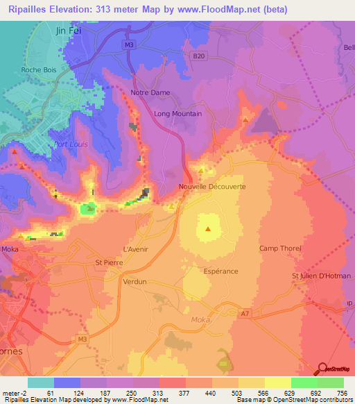 Ripailles,Mauritius Elevation Map