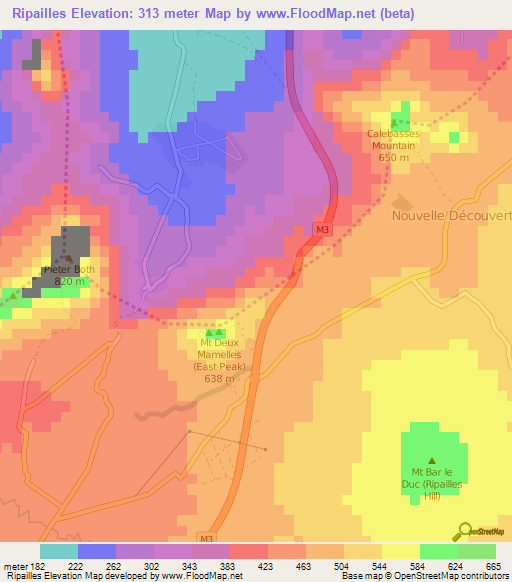 Ripailles,Mauritius Elevation Map