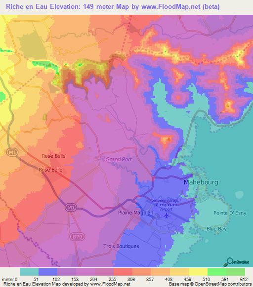 Riche en Eau,Mauritius Elevation Map