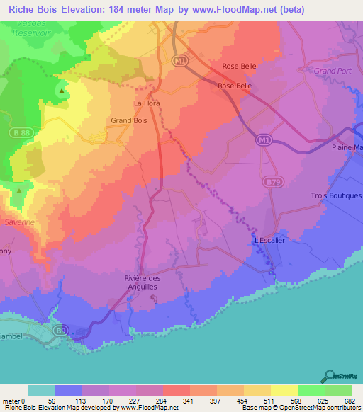 Riche Bois,Mauritius Elevation Map