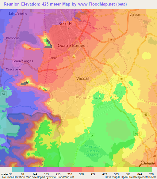 Reunion,Mauritius Elevation Map