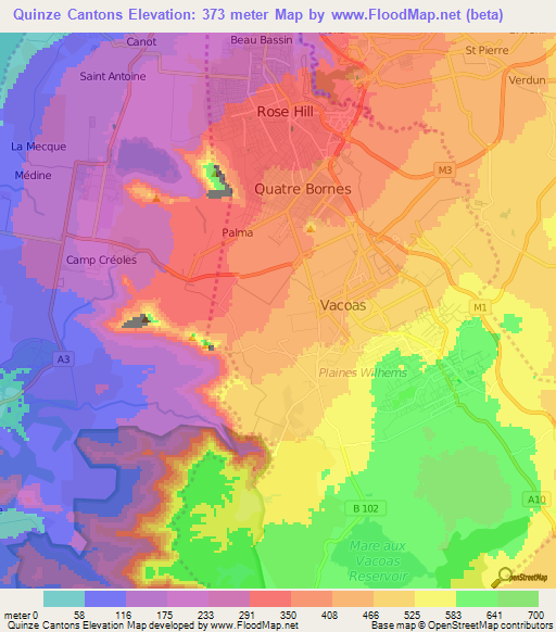 Quinze Cantons,Mauritius Elevation Map