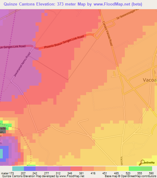 Quinze Cantons,Mauritius Elevation Map