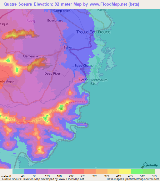 Quatre Soeurs,Mauritius Elevation Map