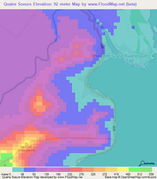 Quatre Soeurs,Mauritius Elevation Map
