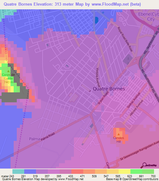 Quatre Bornes,Mauritius Elevation Map