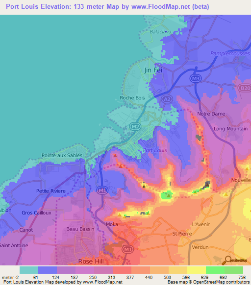 Port Louis,Mauritius Elevation Map