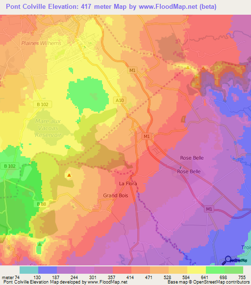 Pont Colville,Mauritius Elevation Map