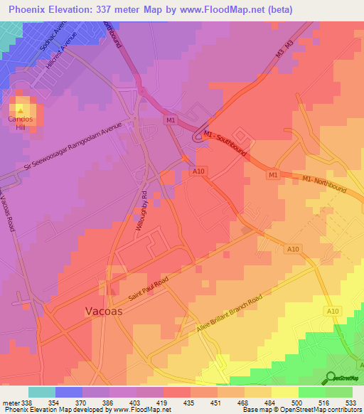 Phoenix,Mauritius Elevation Map