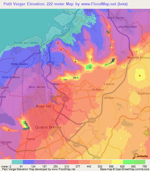 Petit Verger,Mauritius Elevation Map