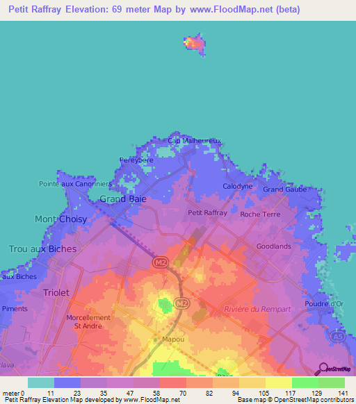 Petit Raffray,Mauritius Elevation Map