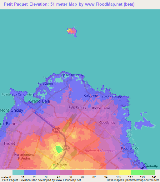 Petit Paquet,Mauritius Elevation Map