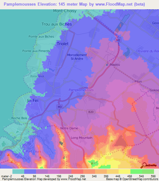 Pamplemousses,Mauritius Elevation Map