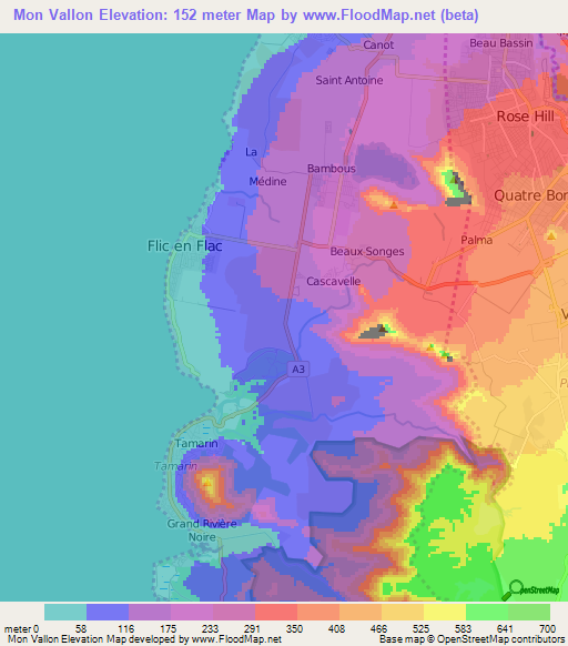 Mon Vallon,Mauritius Elevation Map
