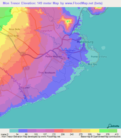 Mon Tresor,Mauritius Elevation Map