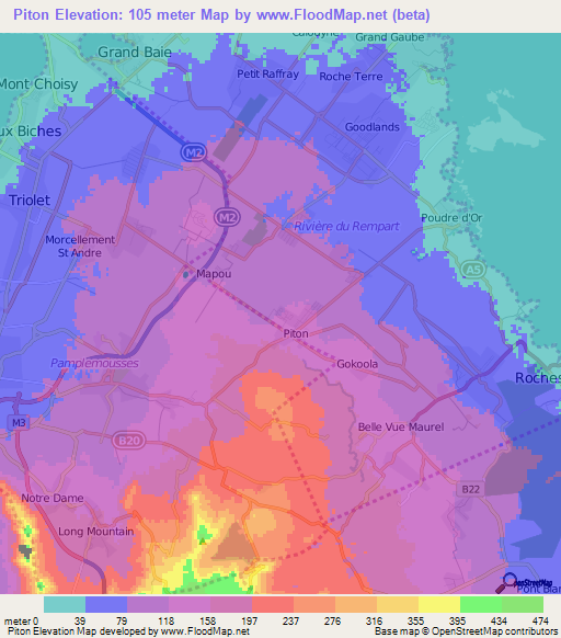 Piton,Mauritius Elevation Map