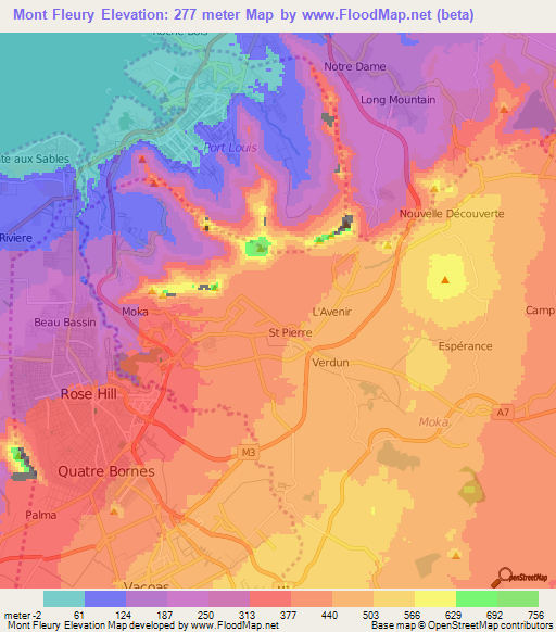 Mont Fleury,Mauritius Elevation Map