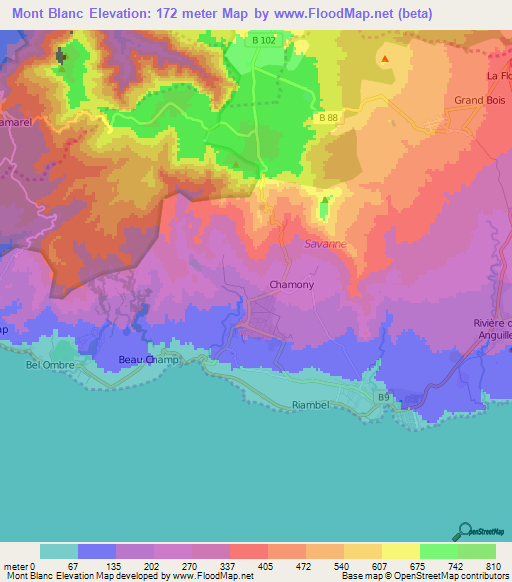 Mont Blanc,Mauritius Elevation Map