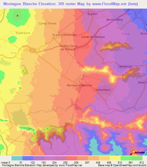 Montagne Blanche,Mauritius Elevation Map