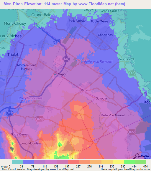 Mon Piton,Mauritius Elevation Map