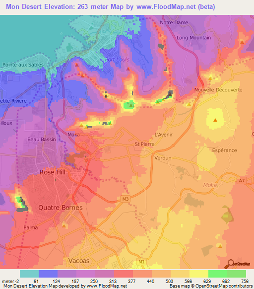 Mon Desert,Mauritius Elevation Map