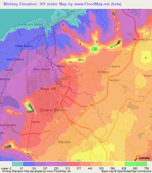 Minissy,Mauritius Elevation Map